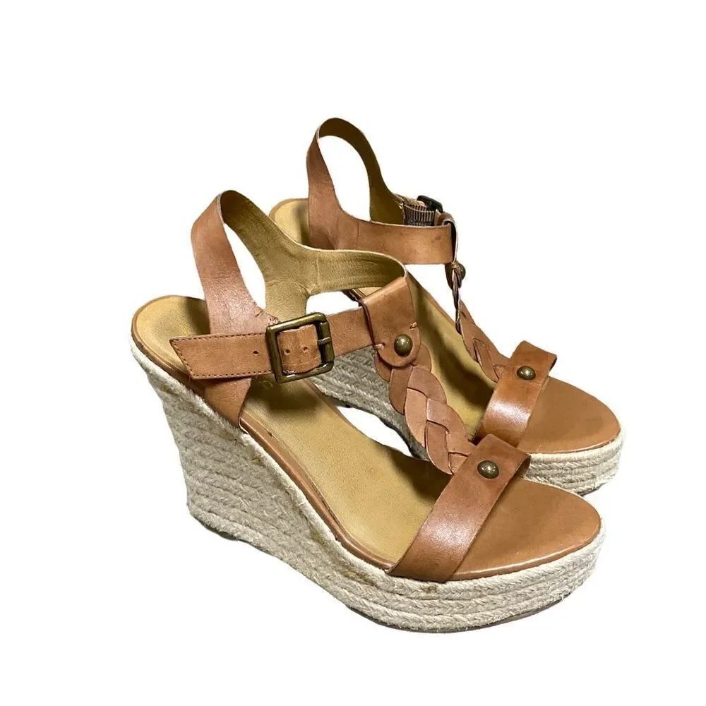 Zodiac Quana Saddle Tan Leather Espadrille Wedge Sandal Size 8